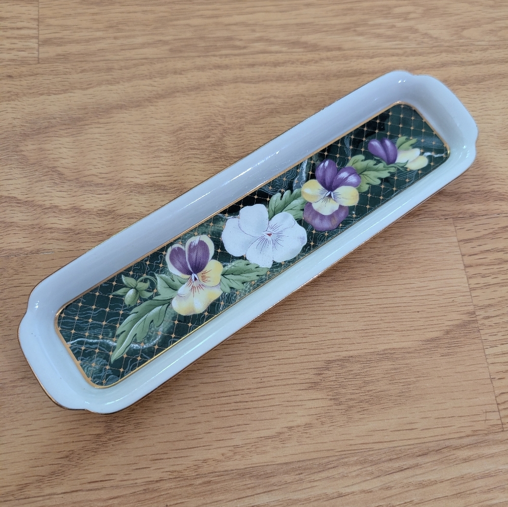 Neiman Marcus Floral Ceramic Vanity Tray - White and Purple Pansy